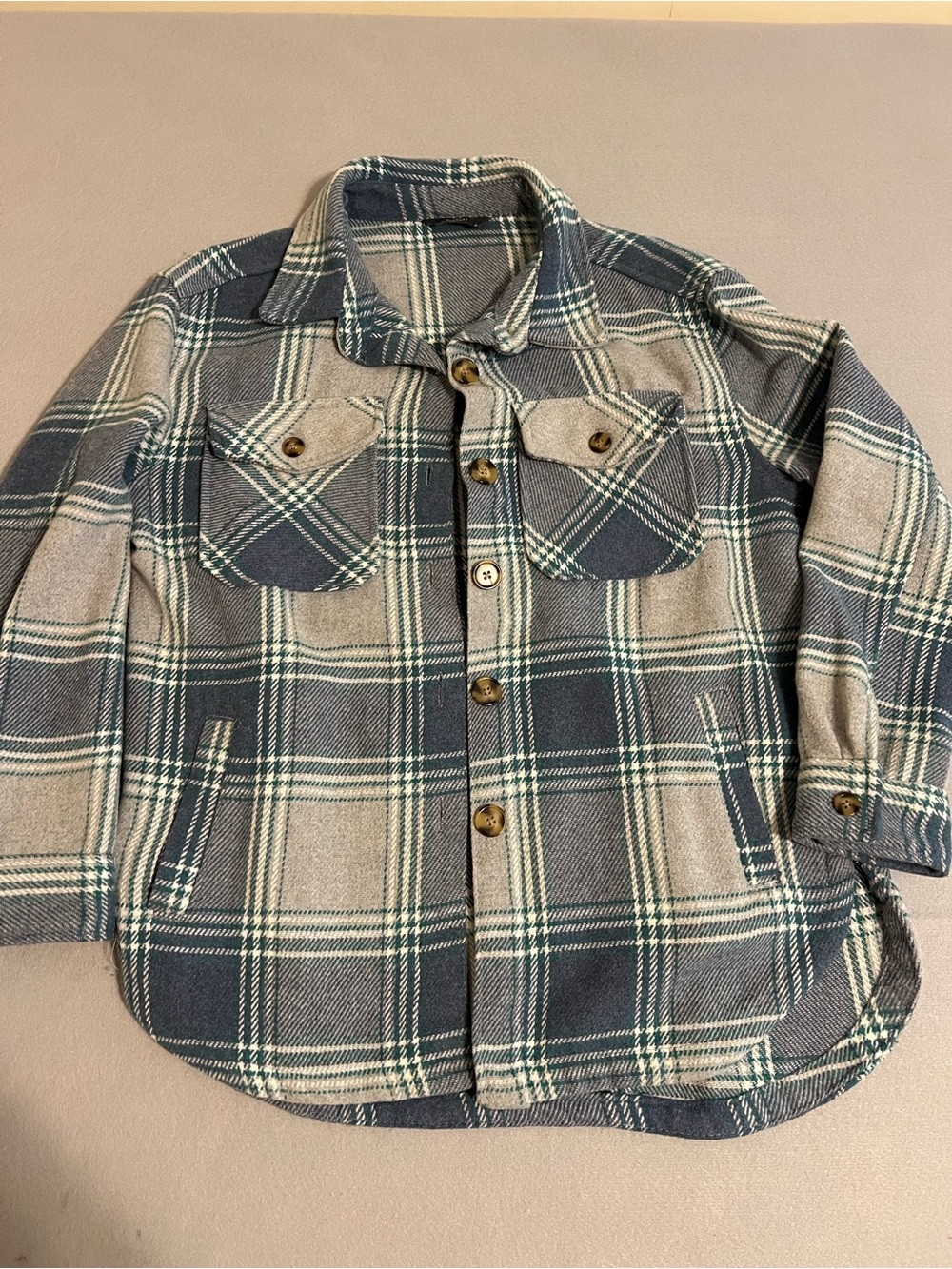 Plaid Button-Up Jacket Shirt - Blue & Cream